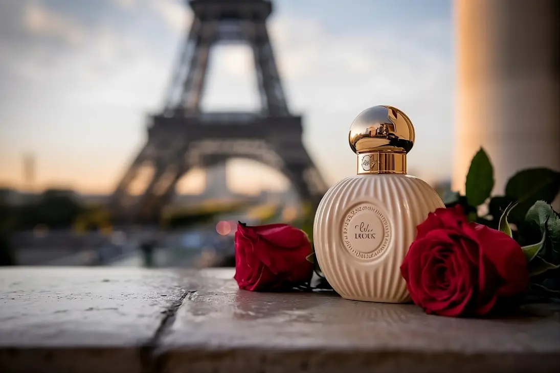 um frasco de perfume em frente a torre Eiffel ao fundo representando os melhores perfumes franceses femininos