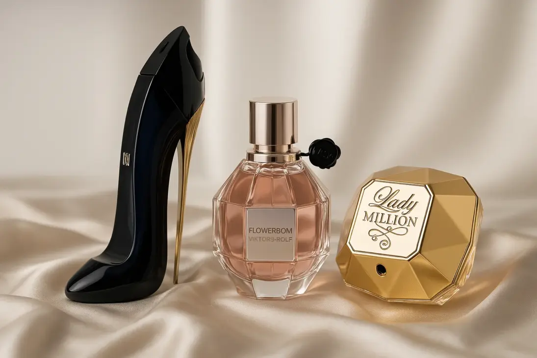 Good Girl by Carolina Herrera, Flowerbomb by Viktor & Rolf, and Lady Million representam os perfumes femininos com melhor fixação